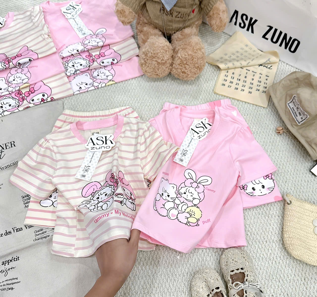G945 - SET 2 BỘ ĐÙI BÉ GÁI THỎ MÈO melody hồng kẻ
