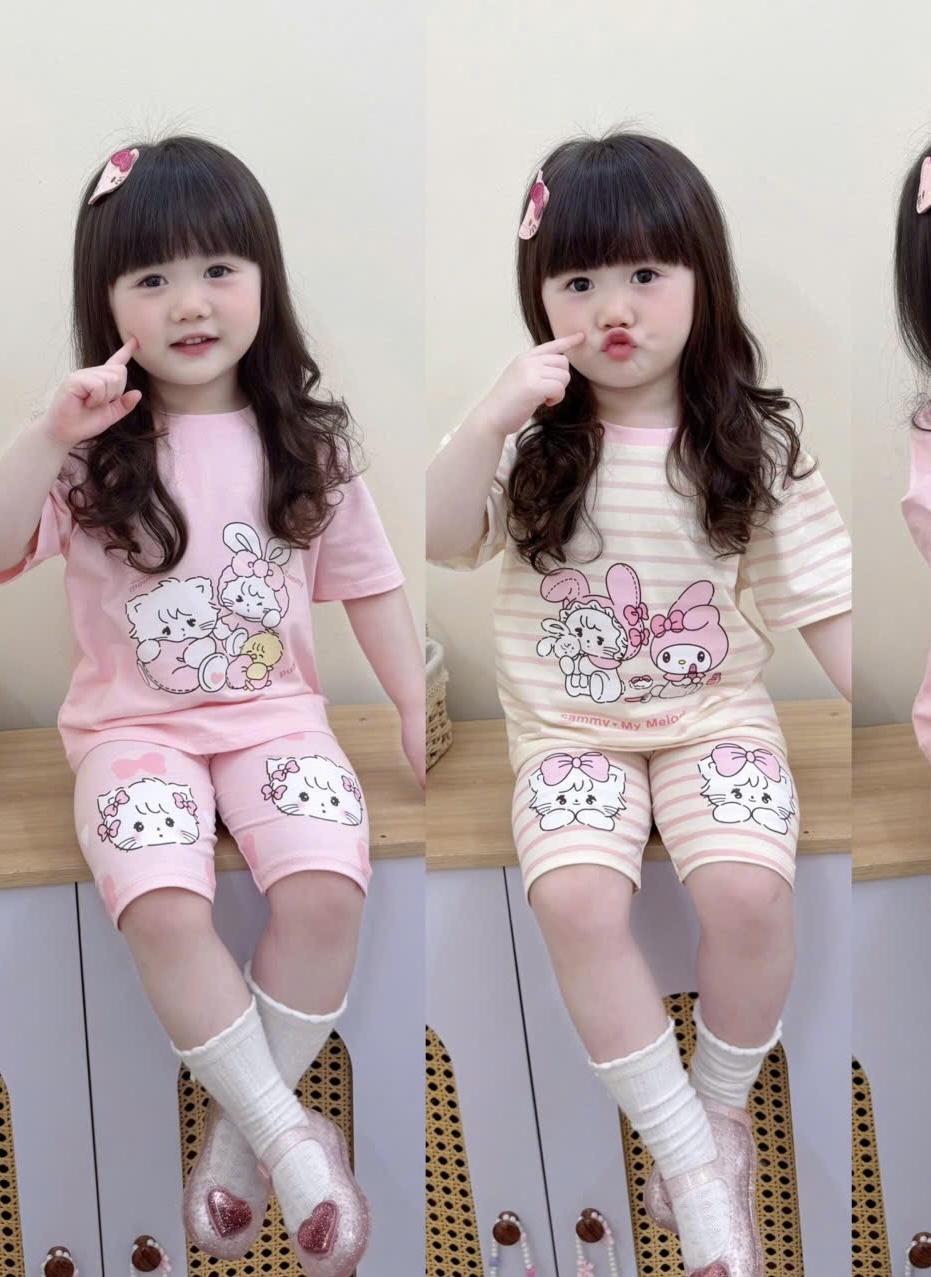 G945 - SET 2 BỘ ĐÙI BÉ GÁI THỎ MÈO melody hồng kẻ