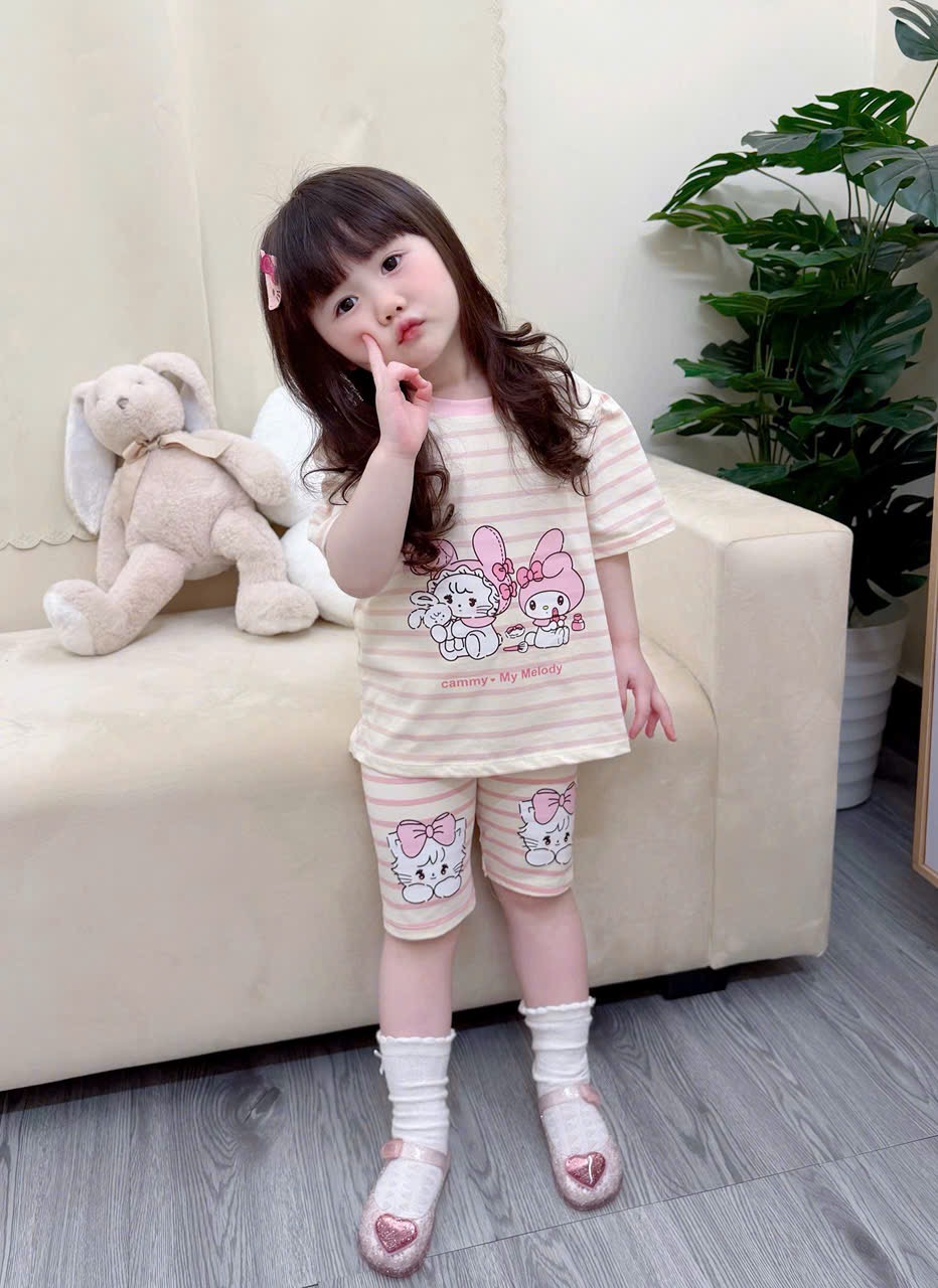 G945 - SET 2 BỘ ĐÙI BÉ GÁI THỎ MÈO melody hồng kẻ