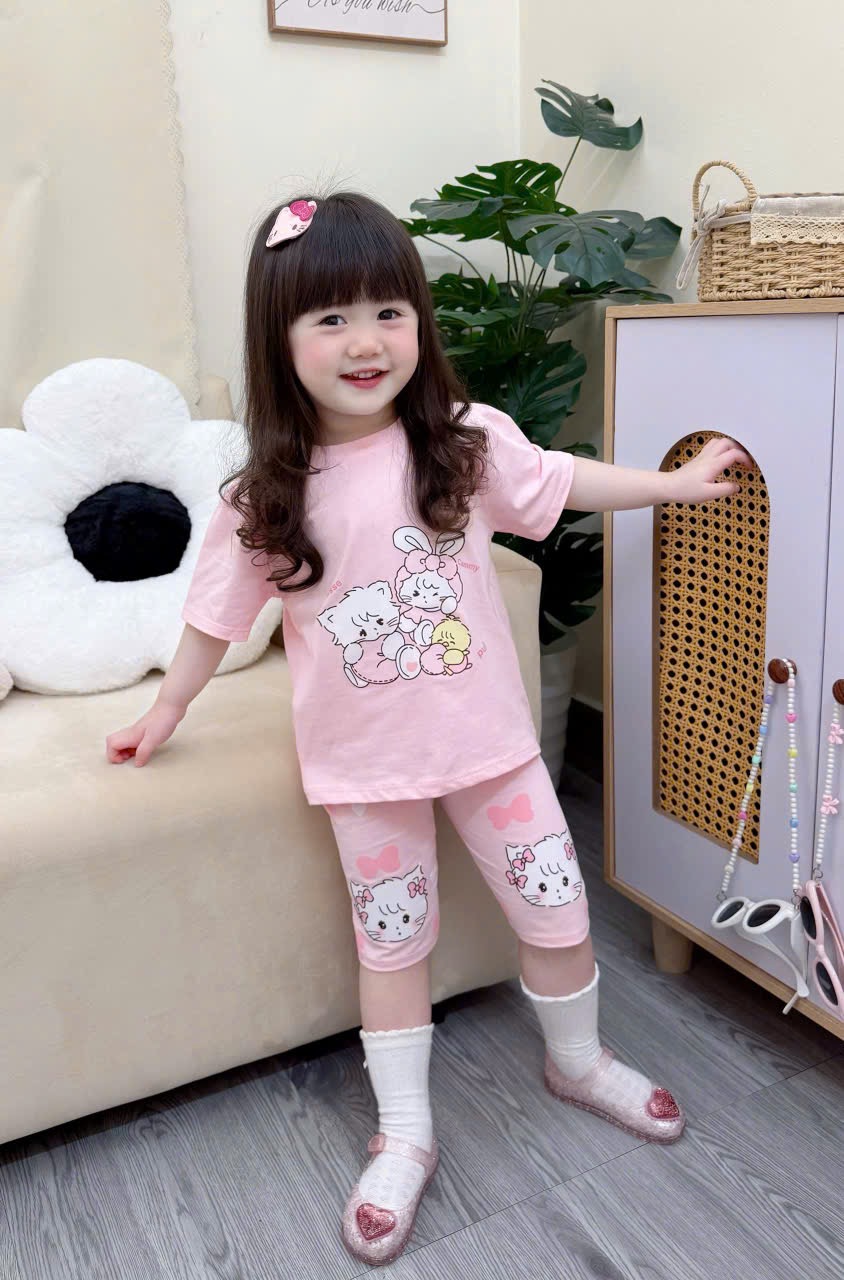 G945 - SET 2 BỘ ĐÙI BÉ GÁI THỎ MÈO melody hồng kẻ