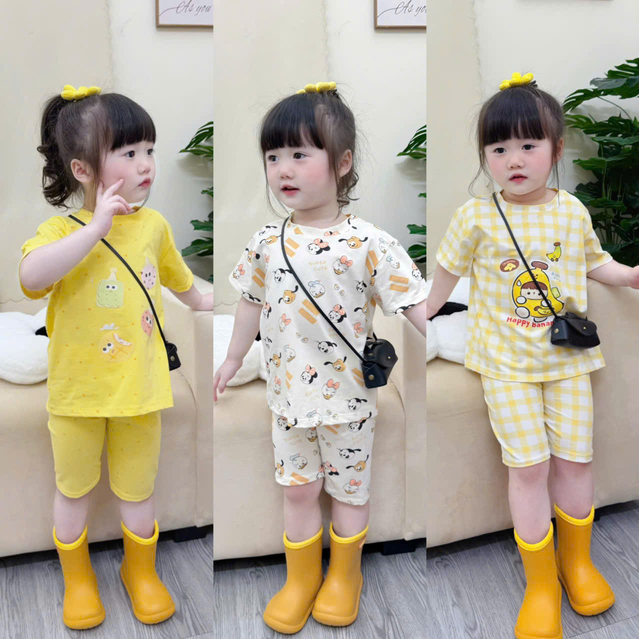 G947 - SET 3 BỘ ĐÙI BÉ GÁI HOẠT HÌNH MICKEY vàng be kẻ