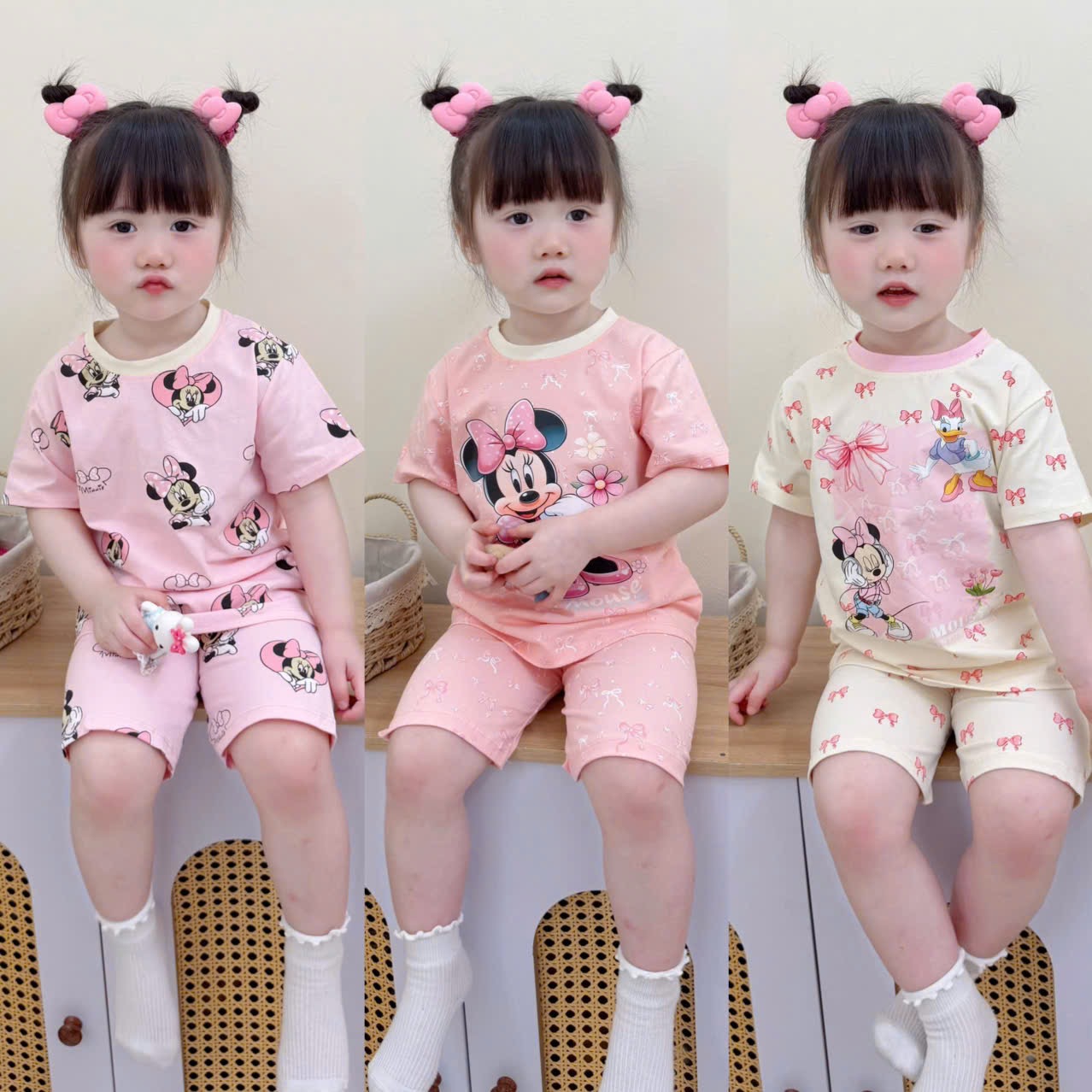 G954 - SET 3 BỘ ĐÙI BÉ GÁI MICKEY hồng be tràn