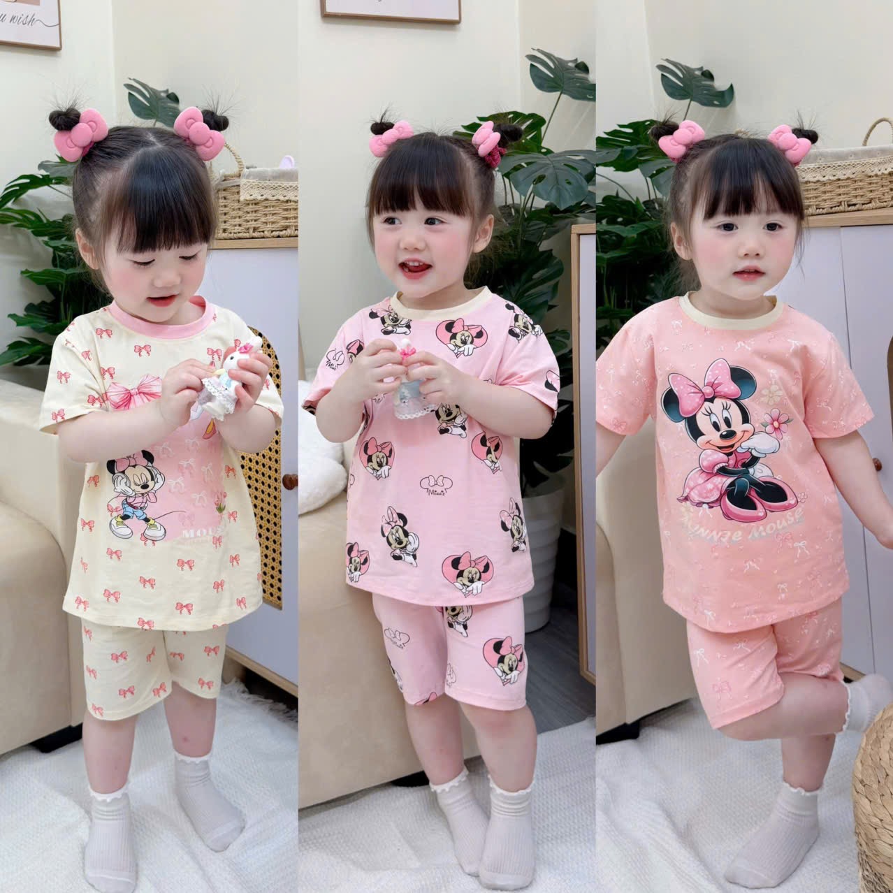 G954 - SET 3 BỘ ĐÙI BÉ GÁI MICKEY hồng be tràn