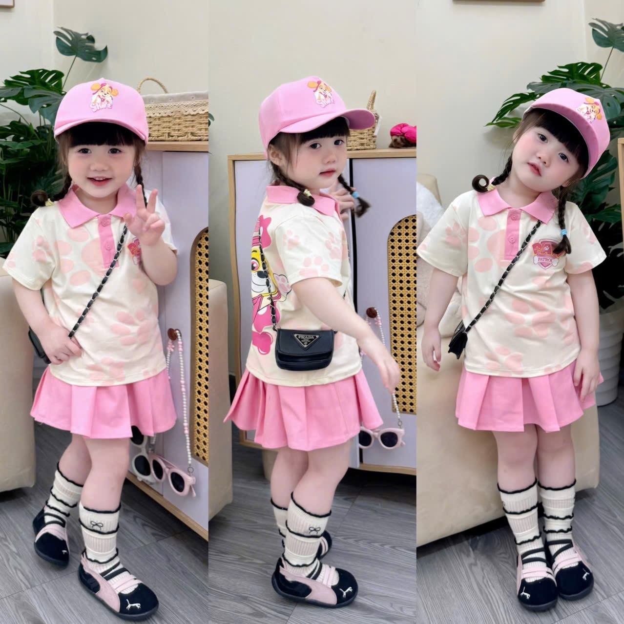 G955 - SET BÉ GÁI ÁO POLO BE CHÂN CHÓ SKY CVAY HỒNG KÈM MŨ