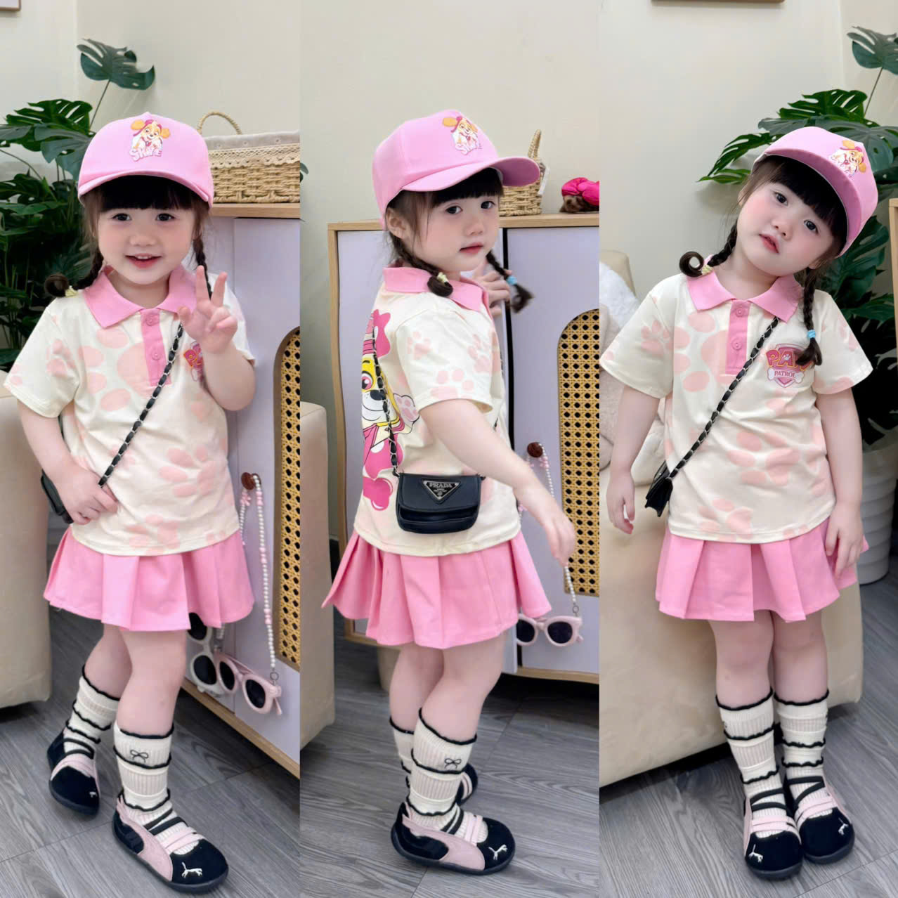G955 - SET BÉ GÁI ÁO POLO BE CHÂN CHÓ SKY CVAY HỒNG KÈM MŨ