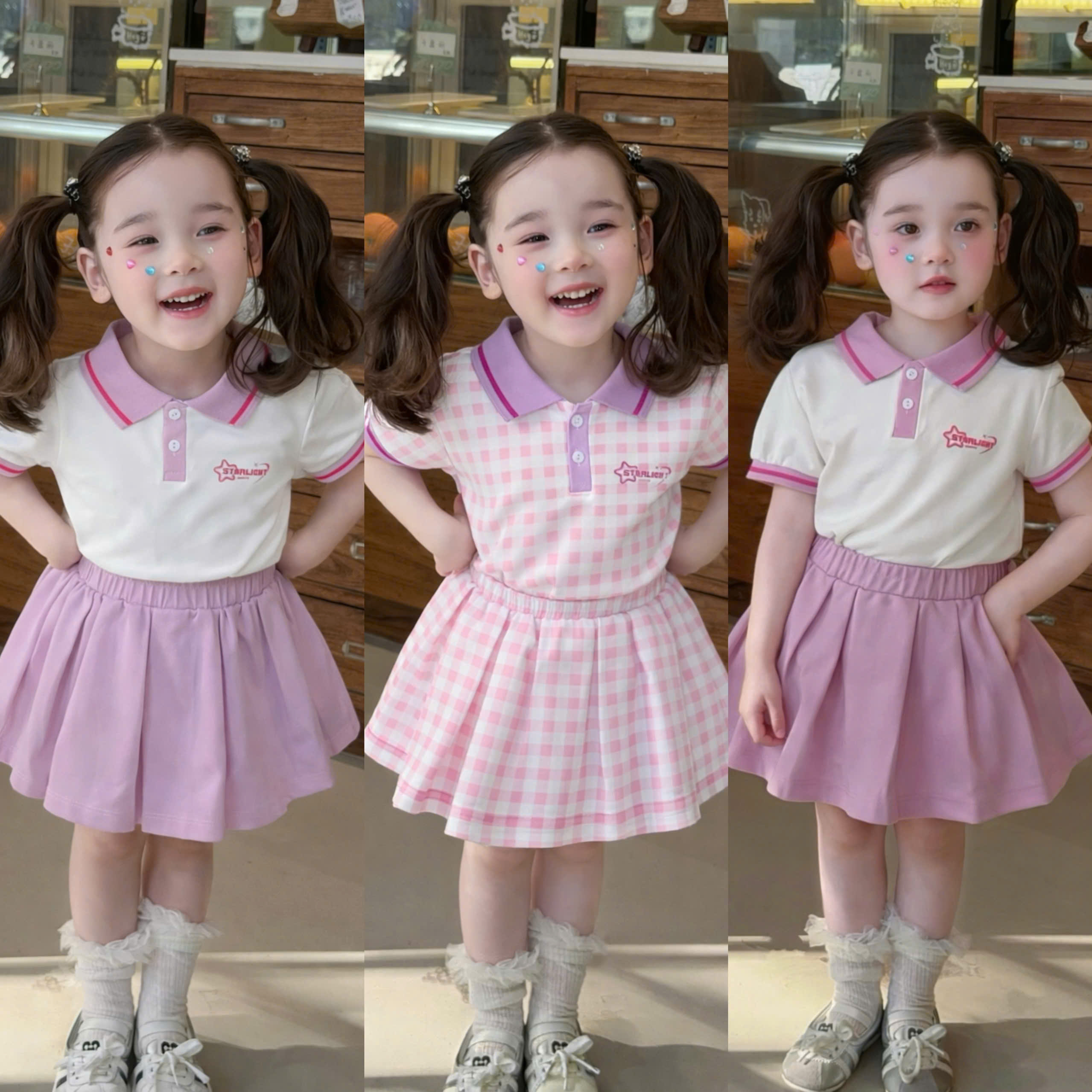 G958 - SET BÉ GÁI ÁO POLO CỔ TÍM CVAY XẾP LY STARLIGHT