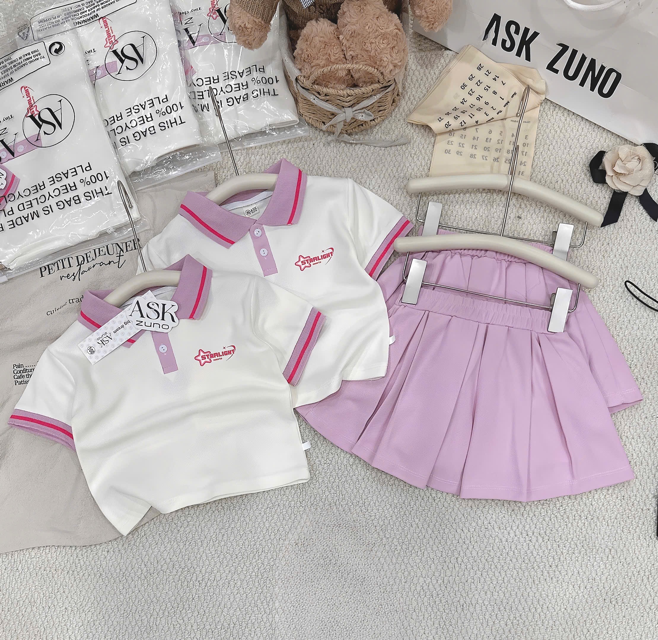 G958 - SET BÉ GÁI ÁO POLO CỔ TÍM CVAY XẾP LY STARLIGHT