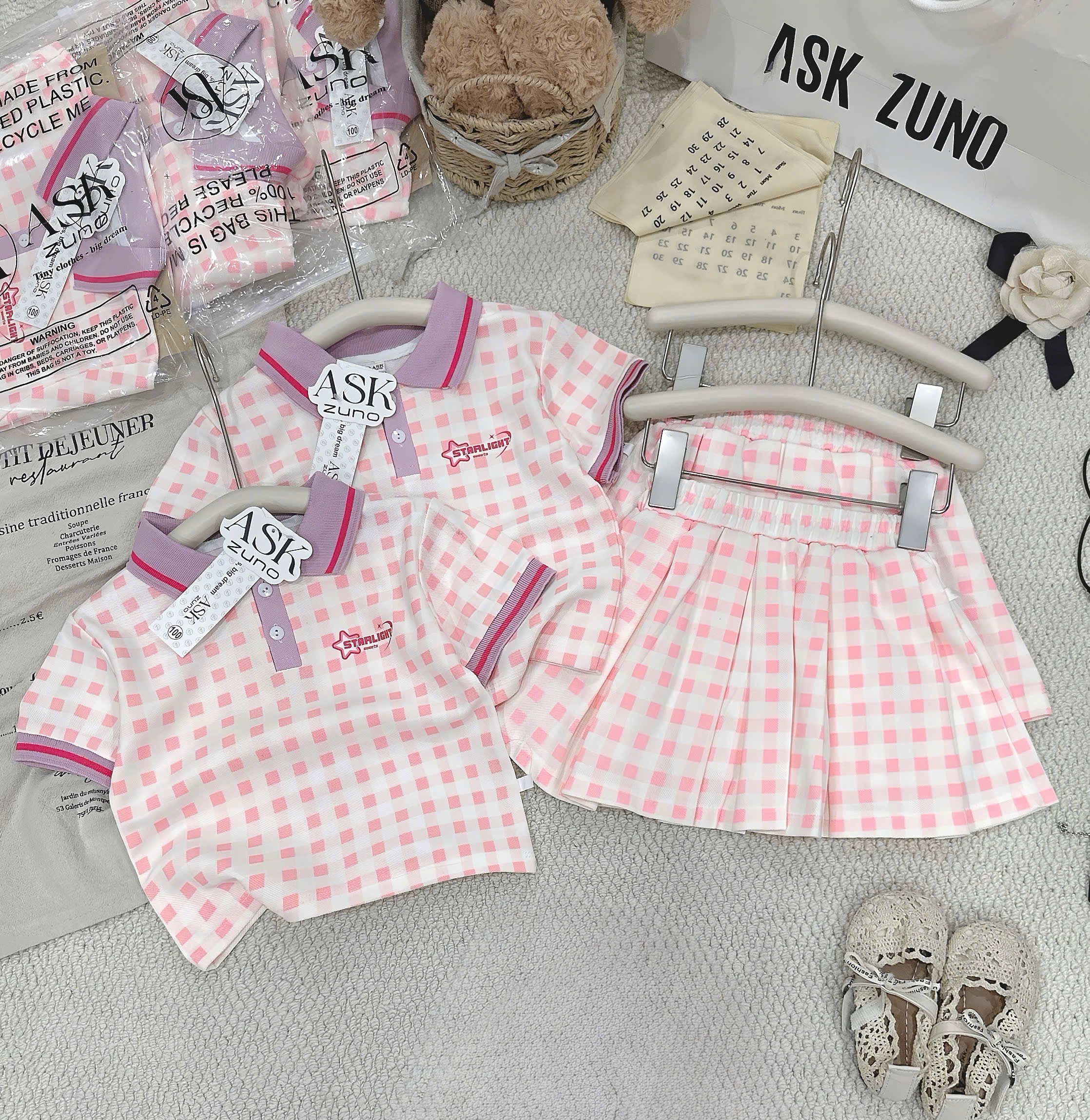 G958 - SET BÉ GÁI ÁO POLO CỔ TÍM CVAY XẾP LY STARLIGHT
