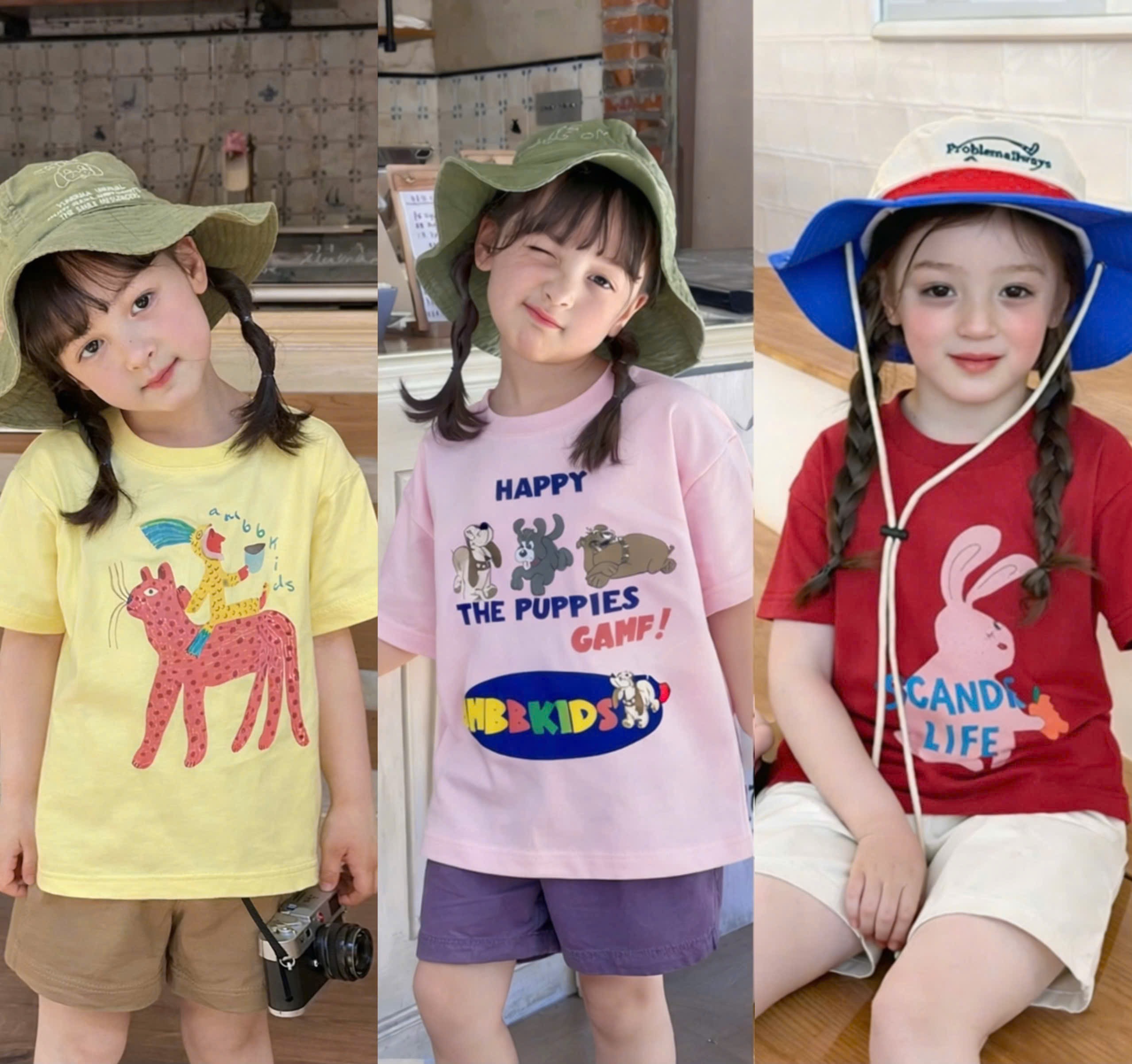 G960 - SET 3 BỘ ĐÙI BÉ GÁI BÁO THỎ đỏ vàng hồng