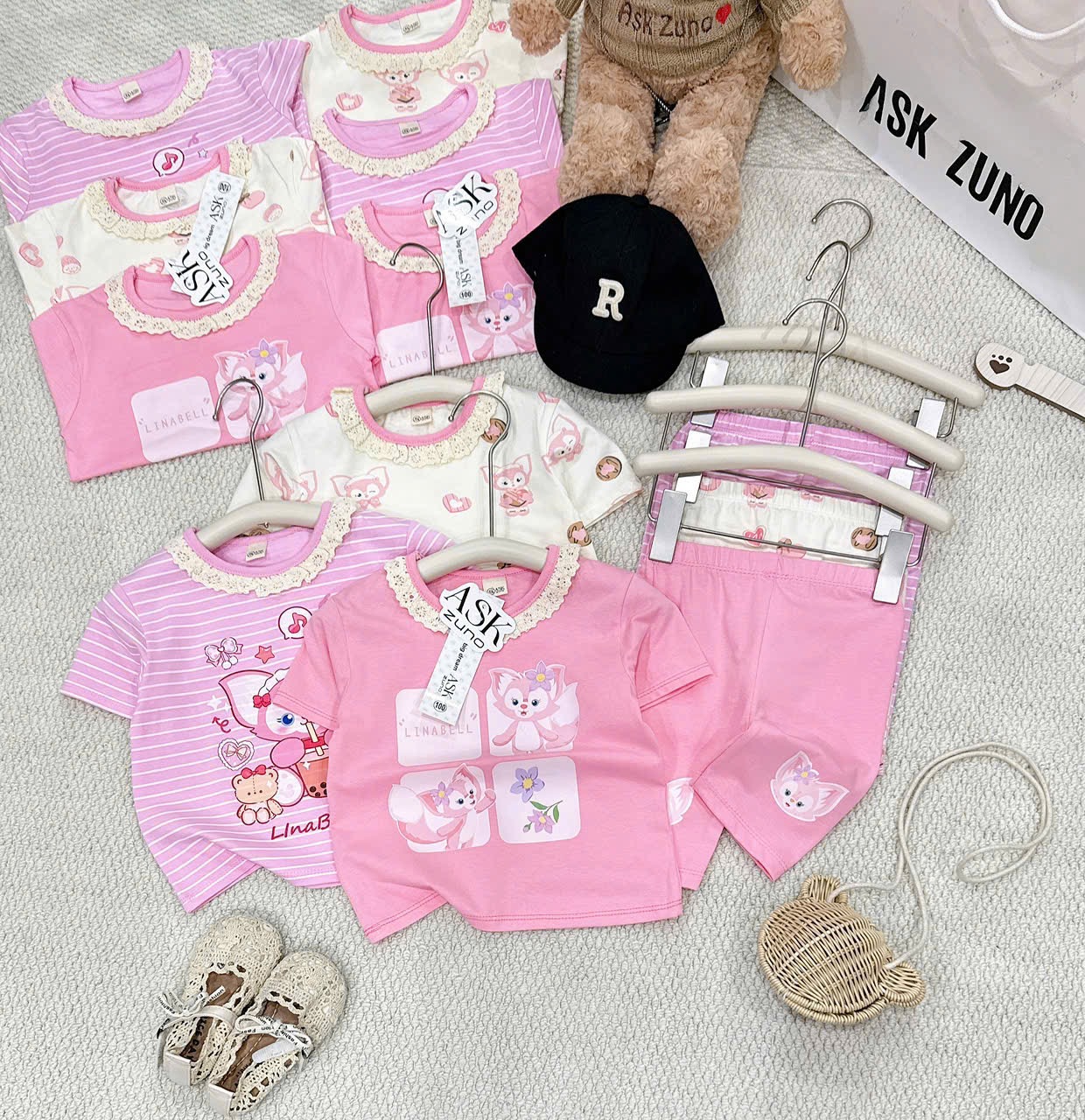 G962 - SET 3 BỘ ĐÙI BÉ GÁI THỎ CỔ REN hồng kẻ be