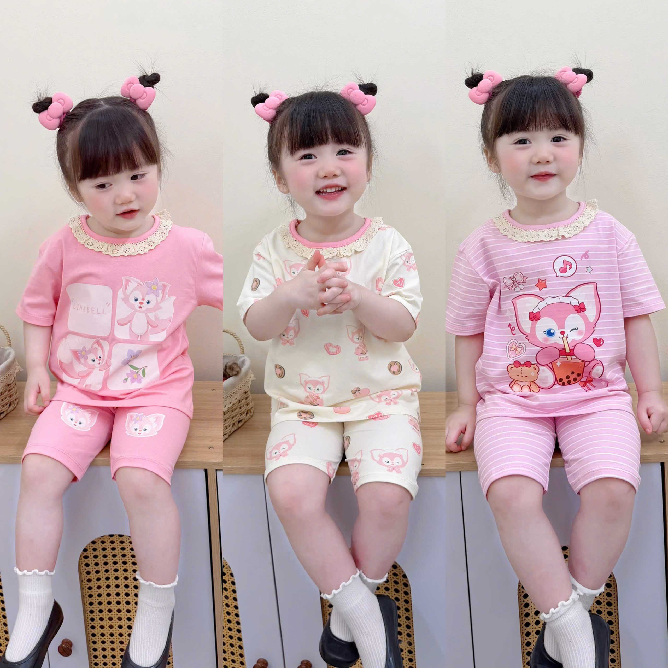 G962 - SET 3 BỘ ĐÙI BÉ GÁI THỎ CỔ REN hồng kẻ be