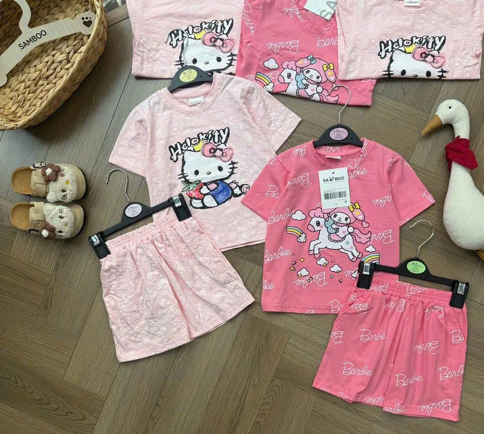 G964 - SET 2 BỘ ĐÙI BÉ GÁI KITTY THỎ NGỰA LOANG HỒNG