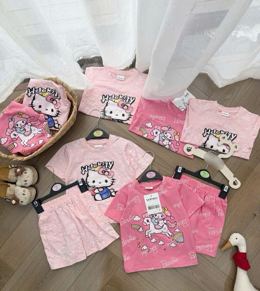 G964 - SET 2 BỘ ĐÙI BÉ GÁI KITTY THỎ NGỰA LOANG HỒNG