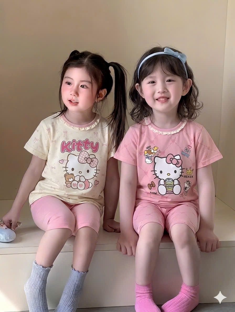 G973 - SET 2 BỘ ĐÙI BÉ GÁI KITTY CỔ REN hồng be