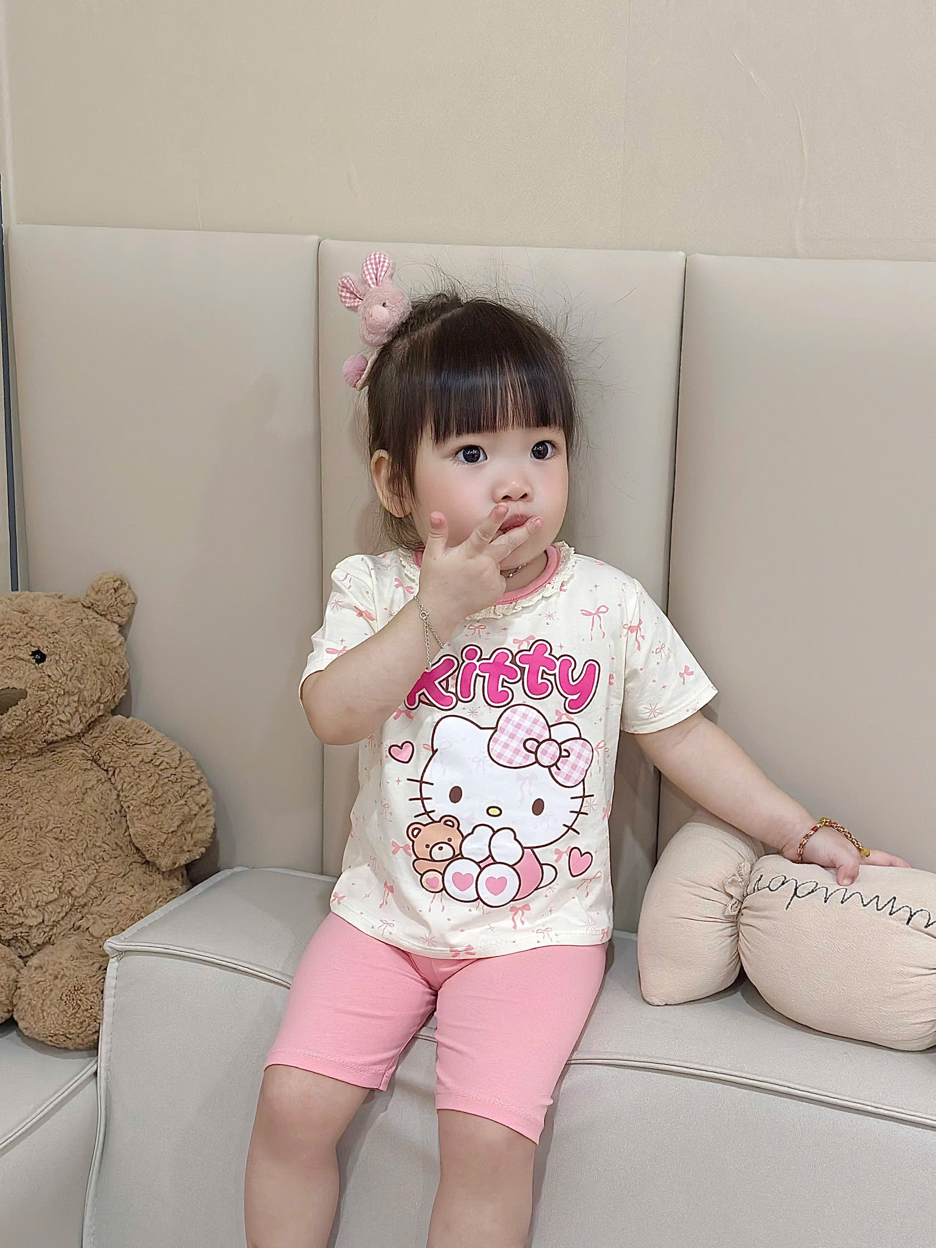 G973 - SET 2 BỘ ĐÙI BÉ GÁI KITTY CỔ REN hồng be