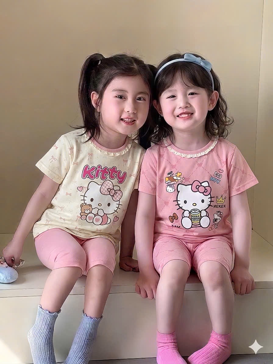 G973 - SET 2 BỘ ĐÙI BÉ GÁI KITTY CỔ REN hồng be