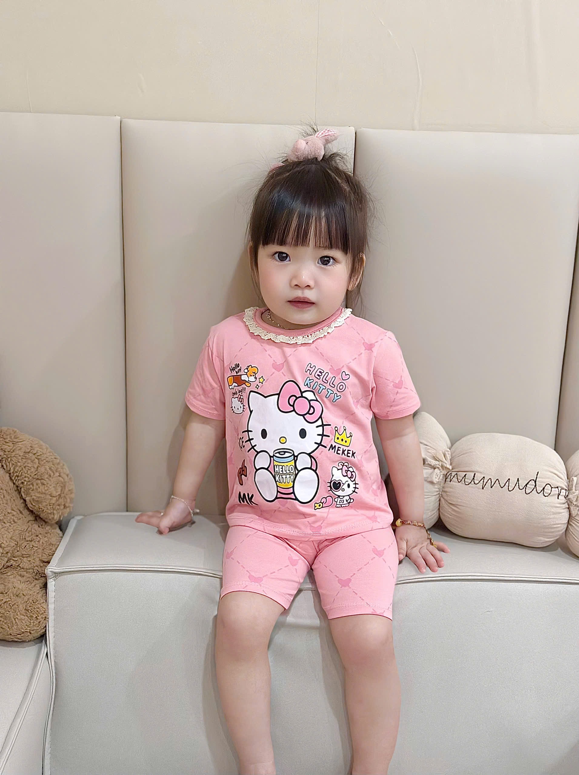 G973 - SET 2 BỘ ĐÙI BÉ GÁI KITTY CỔ REN hồng be