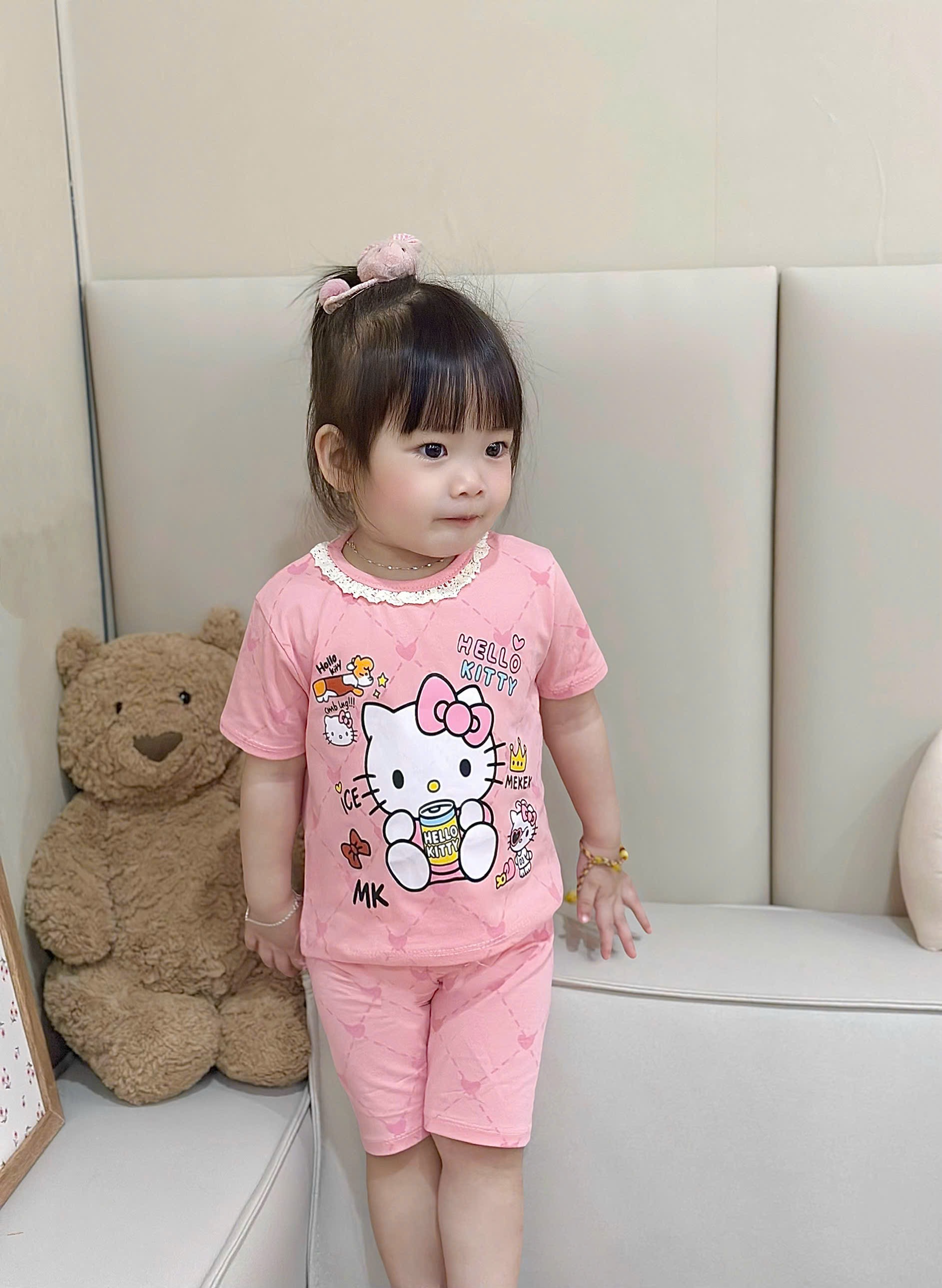 G973 - SET 2 BỘ ĐÙI BÉ GÁI KITTY CỔ REN hồng be