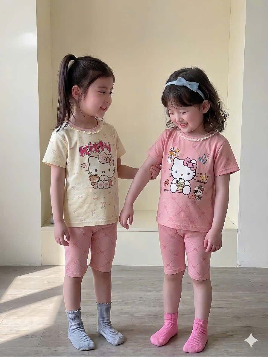 G973 - SET 2 BỘ ĐÙI BÉ GÁI KITTY CỔ REN hồng be