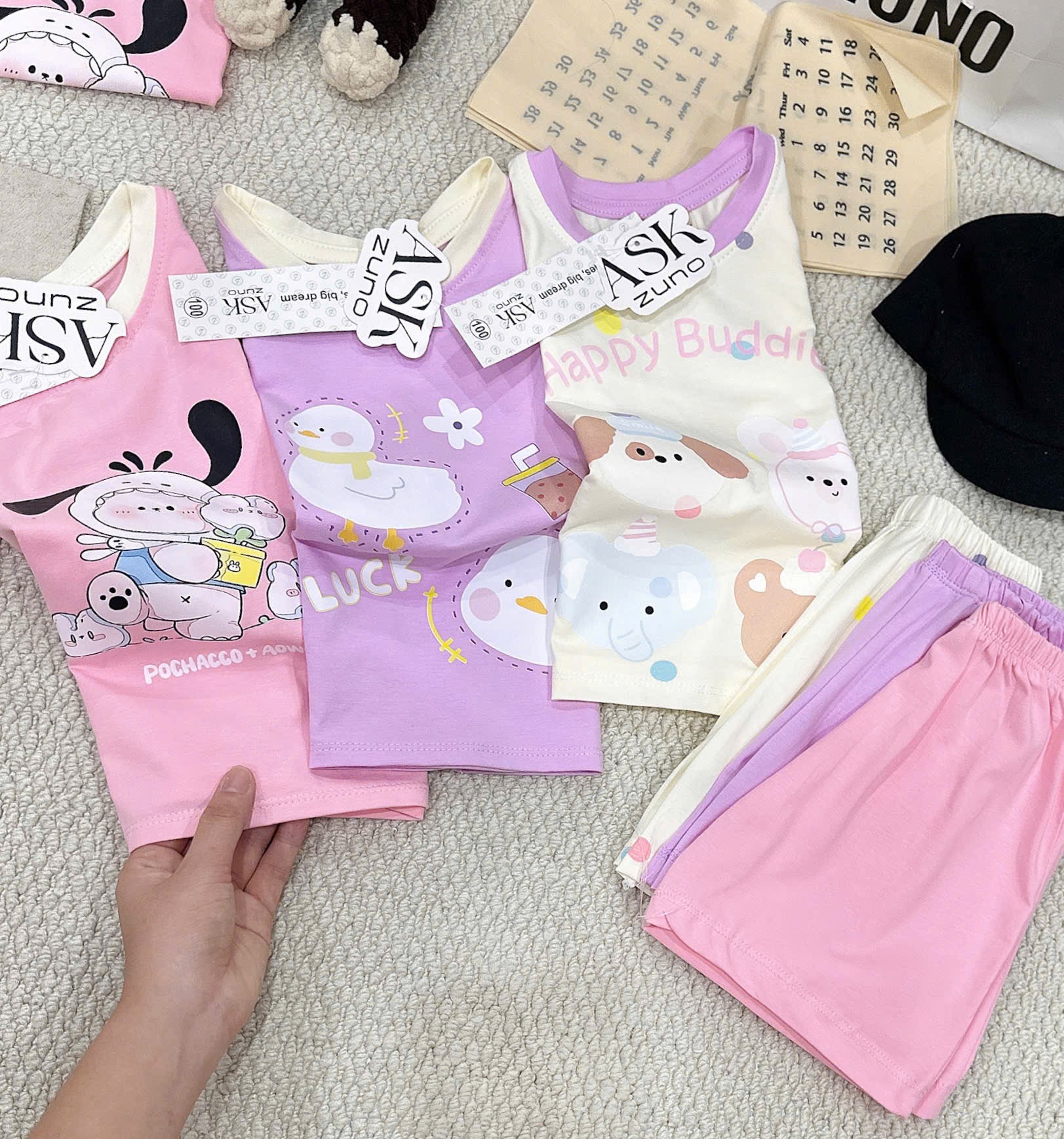 G984 - SET 3 BỘ ĐÙI BÉ GÁI BA LỖ VỊT THỎ tím hồng be