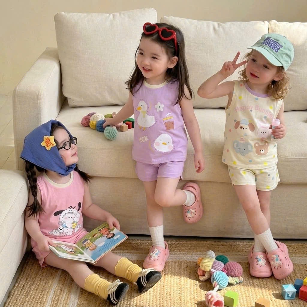 G984 - SET 3 BỘ ĐÙI BÉ GÁI BA LỖ VỊT THỎ tím hồng be