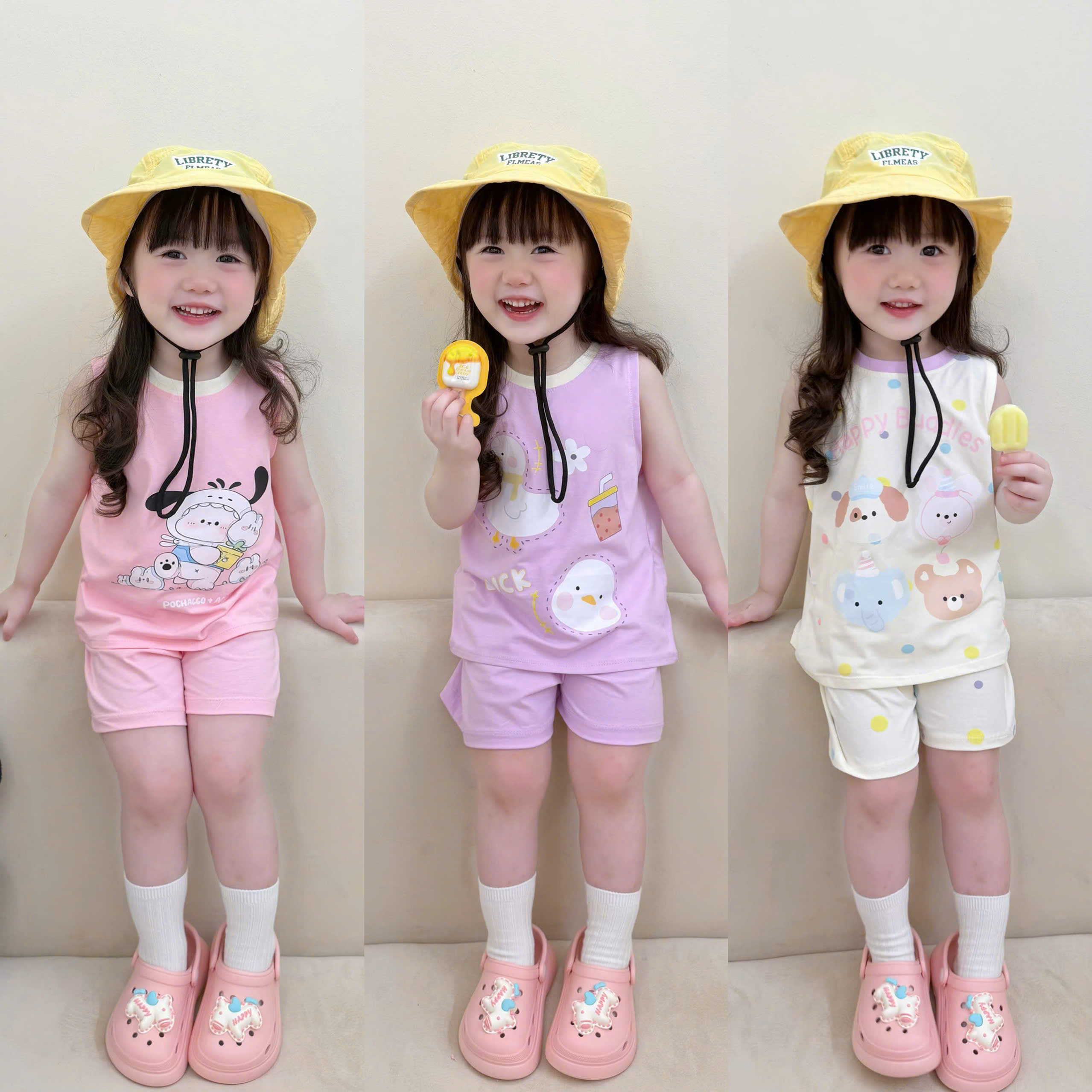 G984 - SET 3 BỘ ĐÙI BÉ GÁI BA LỖ VỊT THỎ tím hồng be