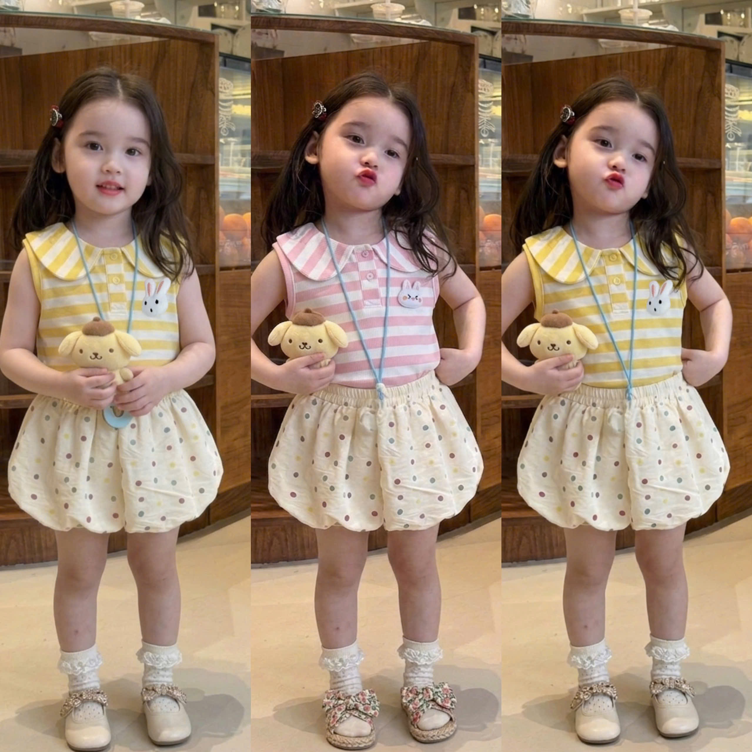 G988 - BỘ BÉ GÁI ÁO CỔ SEN QUẦN BÍ CHẤM BI