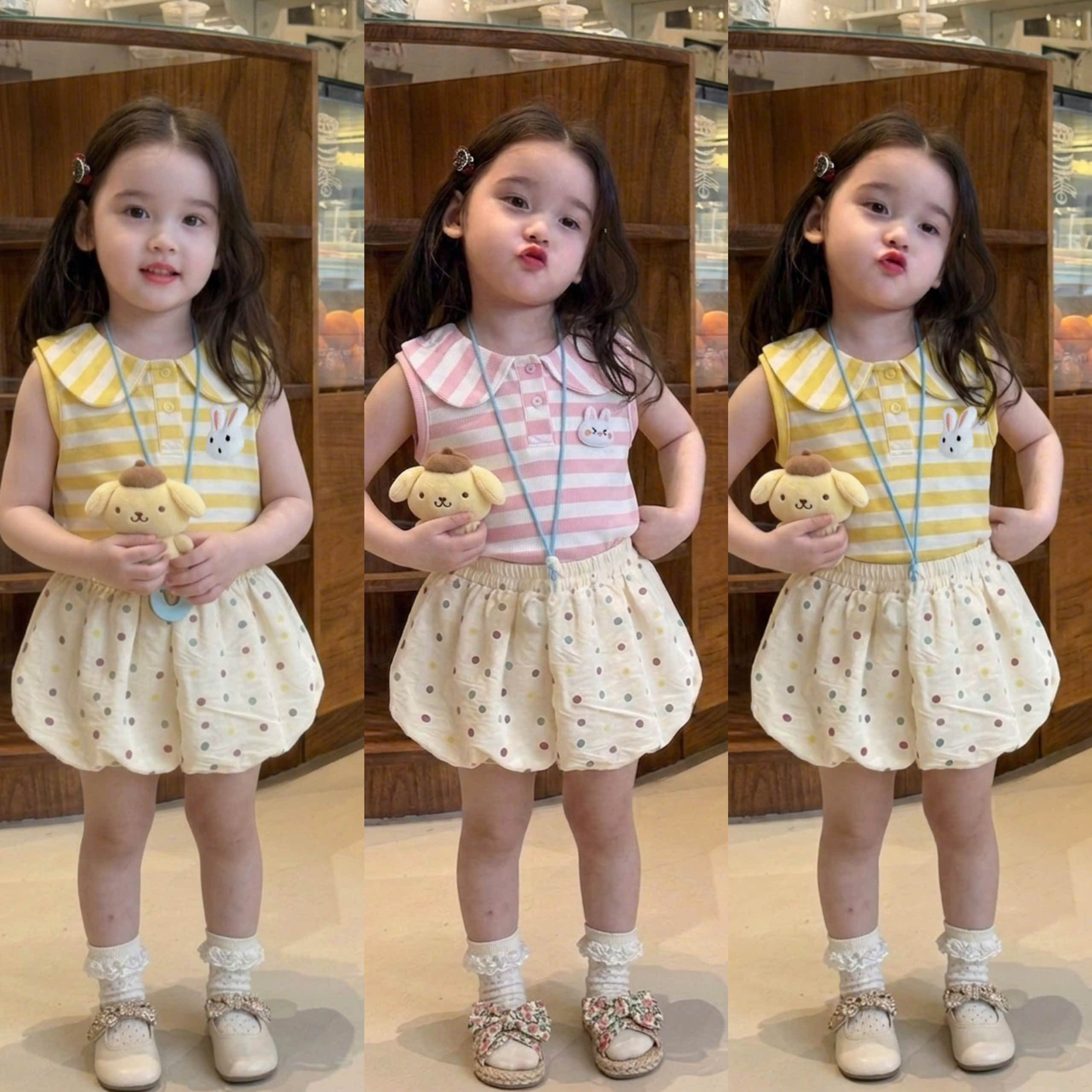 G988 - BỘ BÉ GÁI ÁO CỔ SEN QUẦN BÍ CHẤM BI