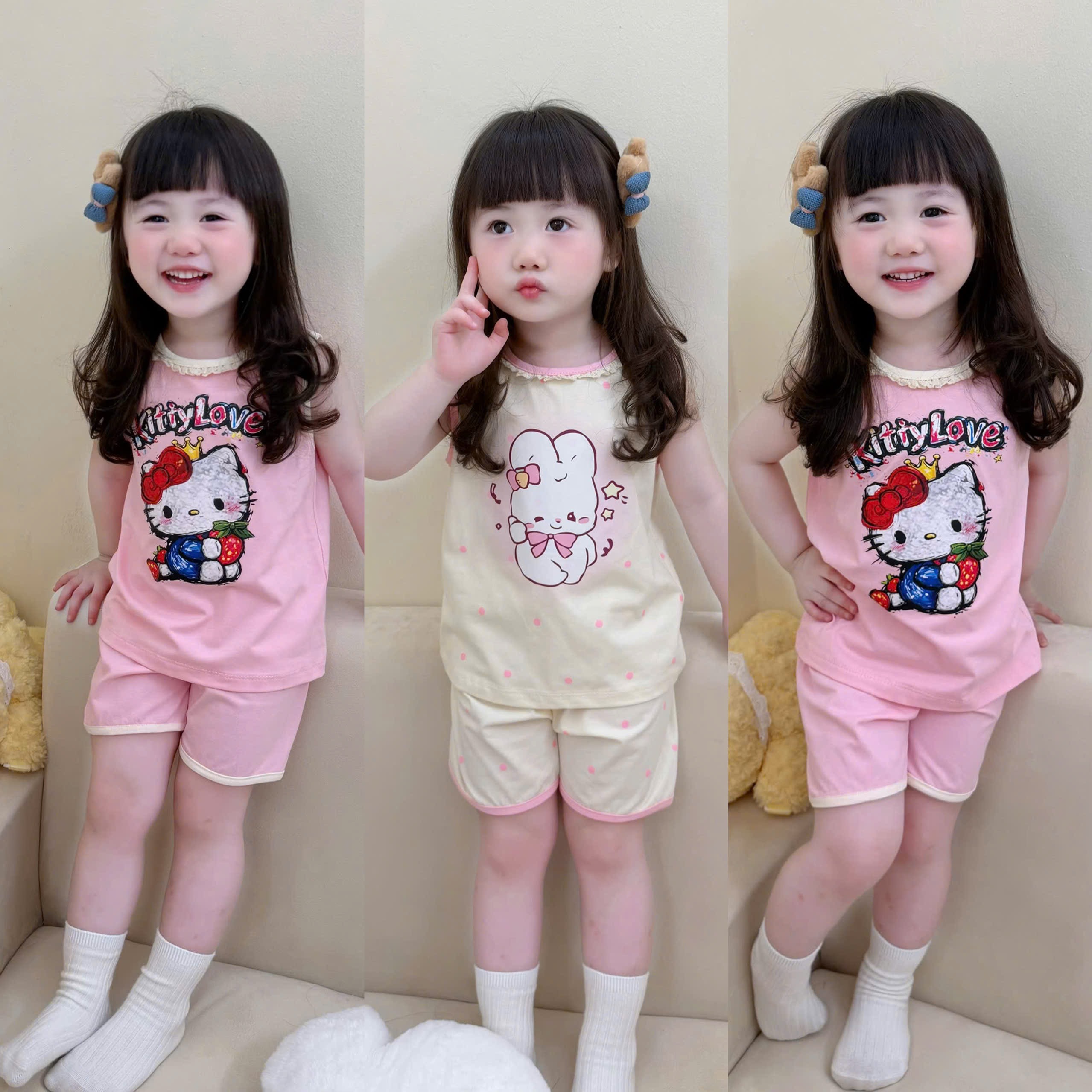 G990 - SET 2 BỘ ĐÙI BÉ GÁI BA LỖ KITTY THỎ CỔ REN hồng be