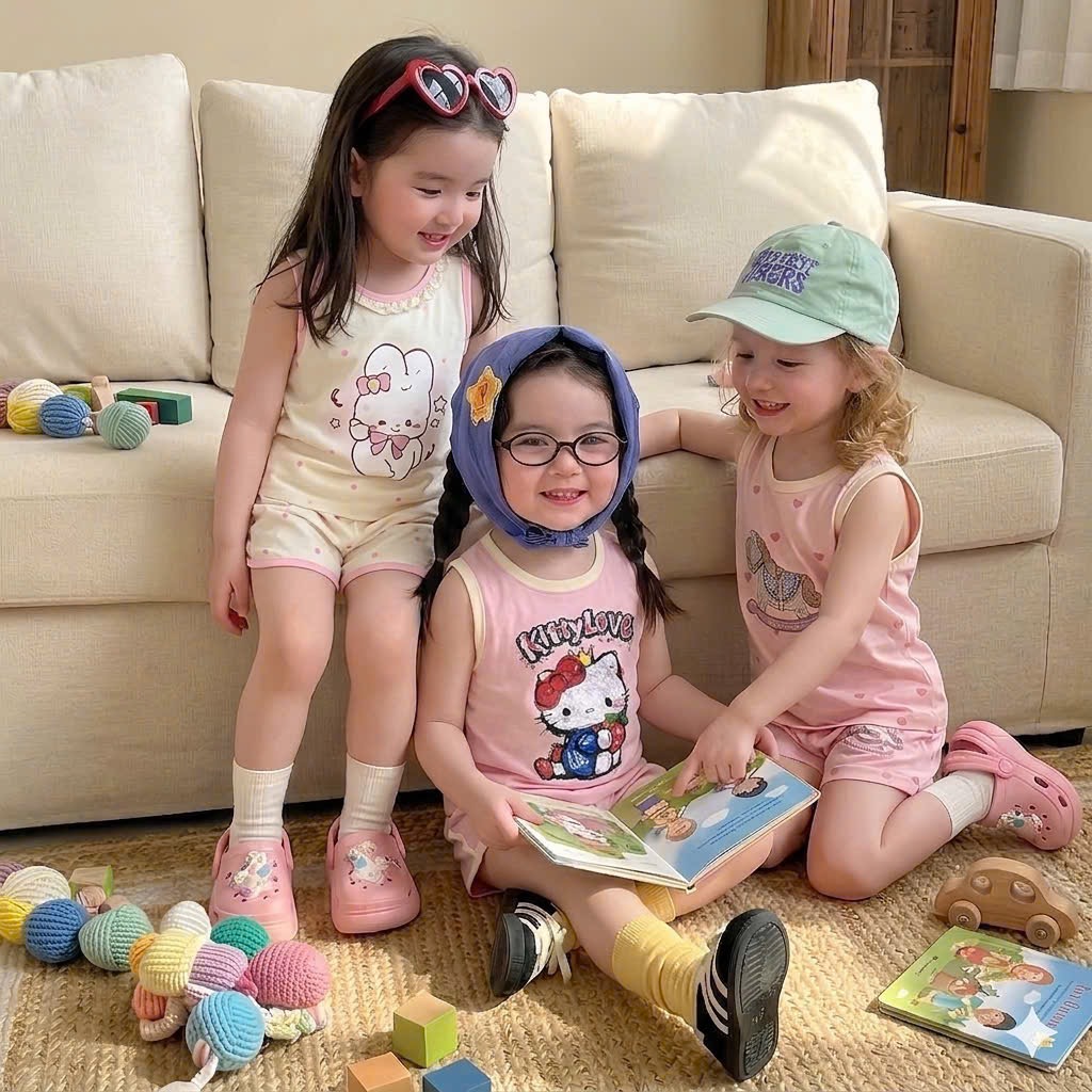 G990 - SET 2 BỘ ĐÙI BÉ GÁI BA LỖ KITTY THỎ CỔ REN hồng be