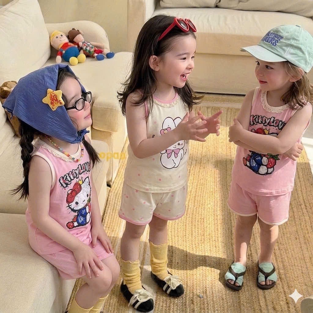 G990 - SET 2 BỘ ĐÙI BÉ GÁI BA LỖ KITTY THỎ CỔ REN hồng be