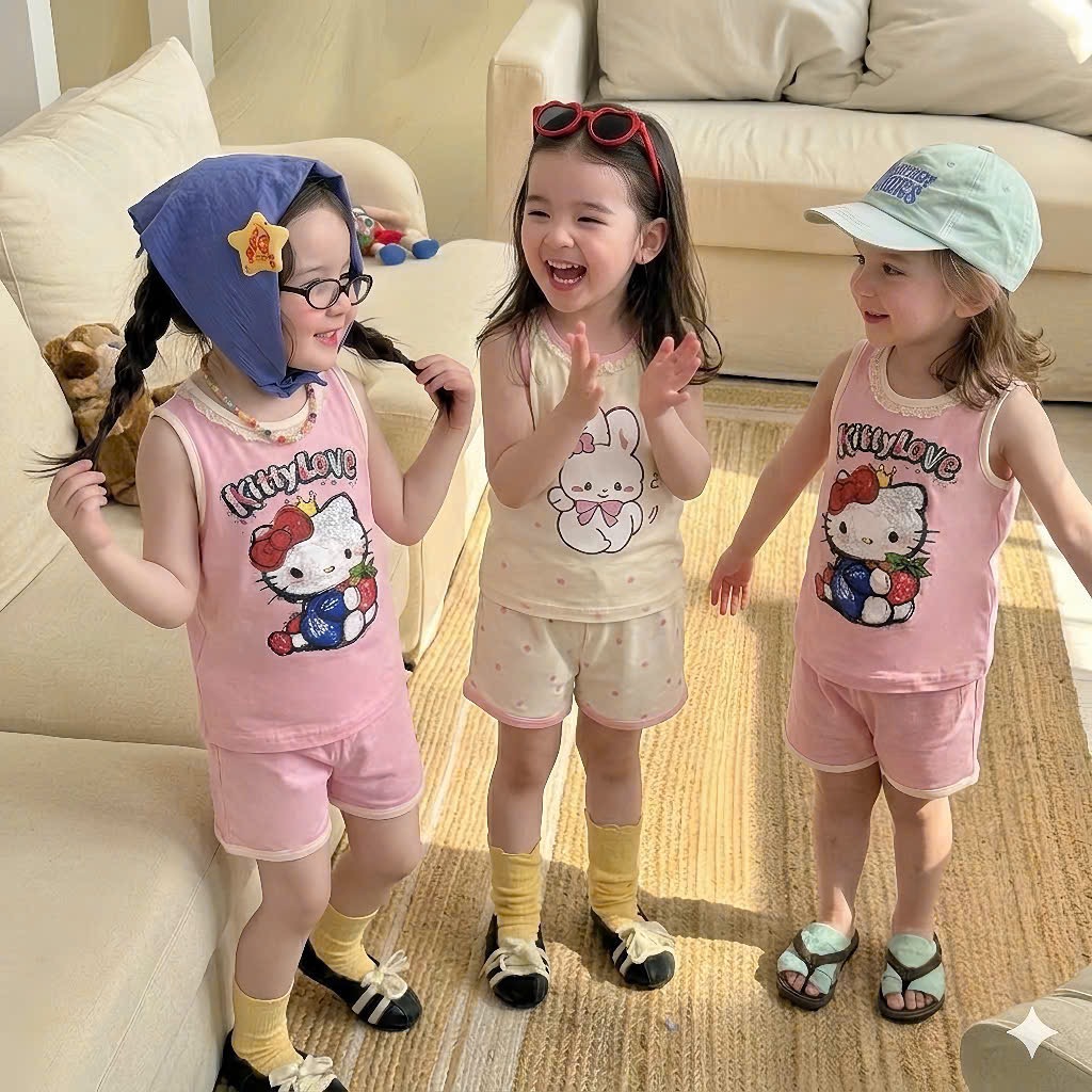 G990 - SET 2 BỘ ĐÙI BÉ GÁI BA LỖ KITTY THỎ CỔ REN hồng be