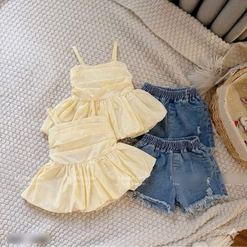 G991 - SET BÉ GÁI ÁO VÀNG 2S MIX QUẦN BÒ RÁCH