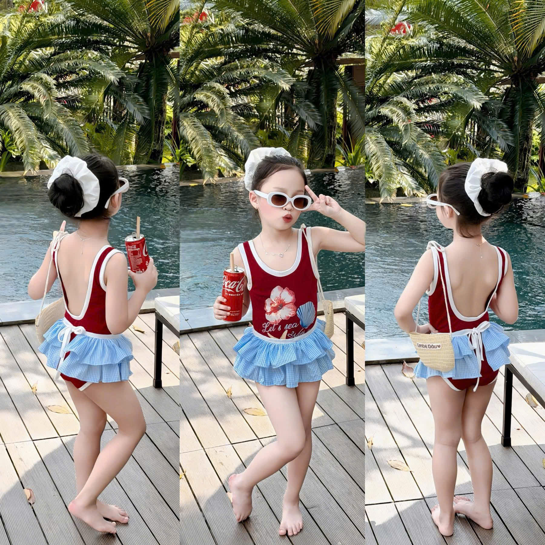 G992 - SET BƠI BIKINI BÉ GÁI 3CT ĐỎ CVAY XANH