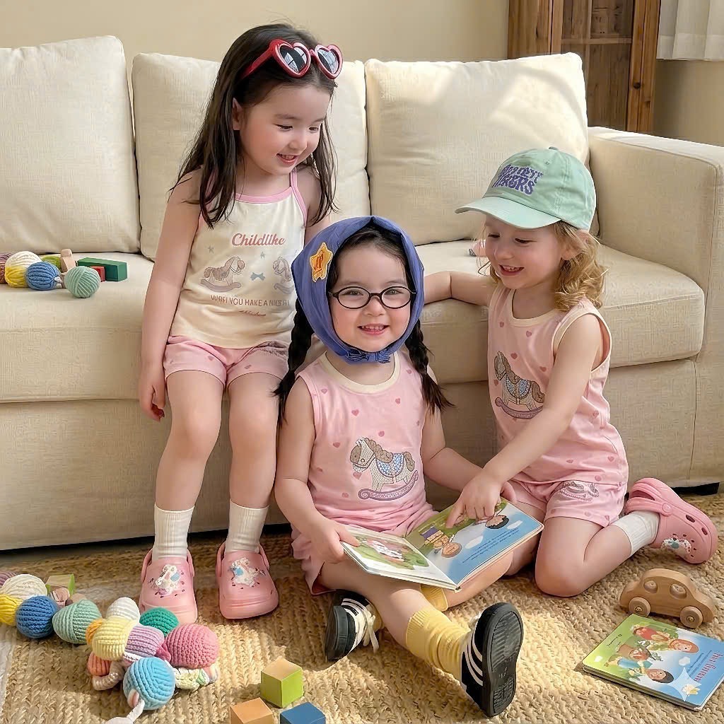 G995 - SET 2 BỘ ĐÙI BÉ GÁI BA LỖ 2S NGỰA GỖ hồng be