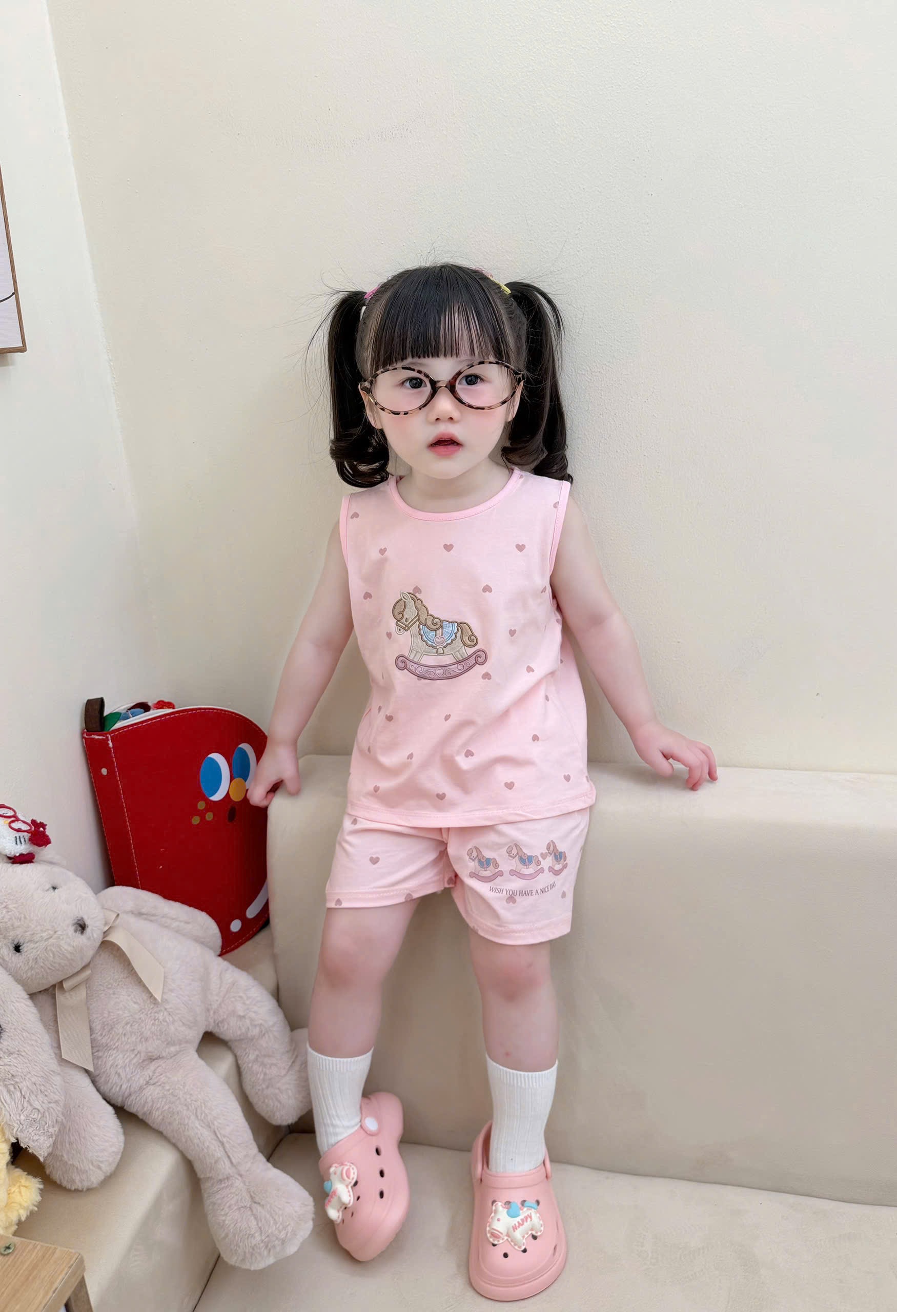 G995 - SET 2 BỘ ĐÙI BÉ GÁI BA LỖ 2S NGỰA GỖ hồng be