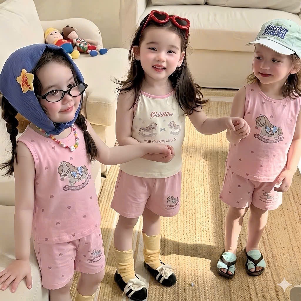 G995 - SET 2 BỘ ĐÙI BÉ GÁI BA LỖ 2S NGỰA GỖ hồng be