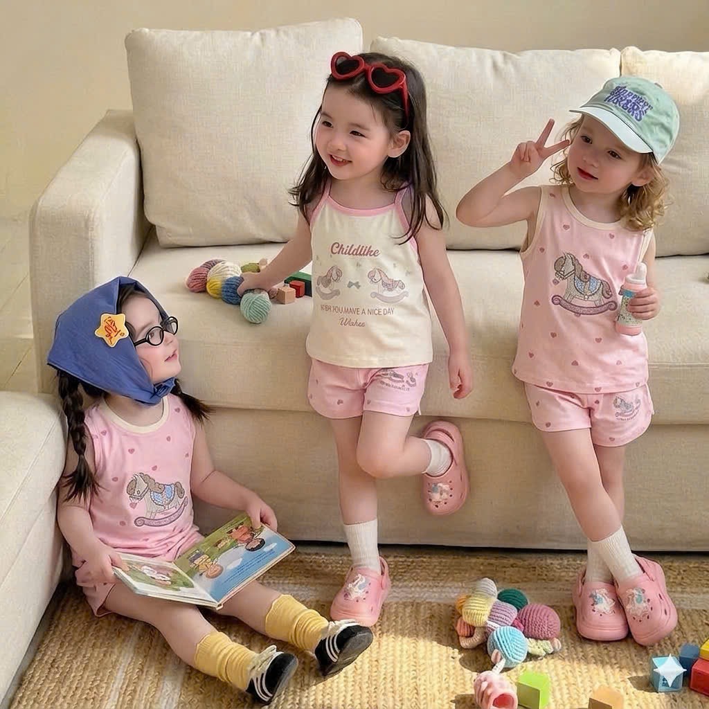 G995 - SET 2 BỘ ĐÙI BÉ GÁI BA LỖ 2S NGỰA GỖ hồng be