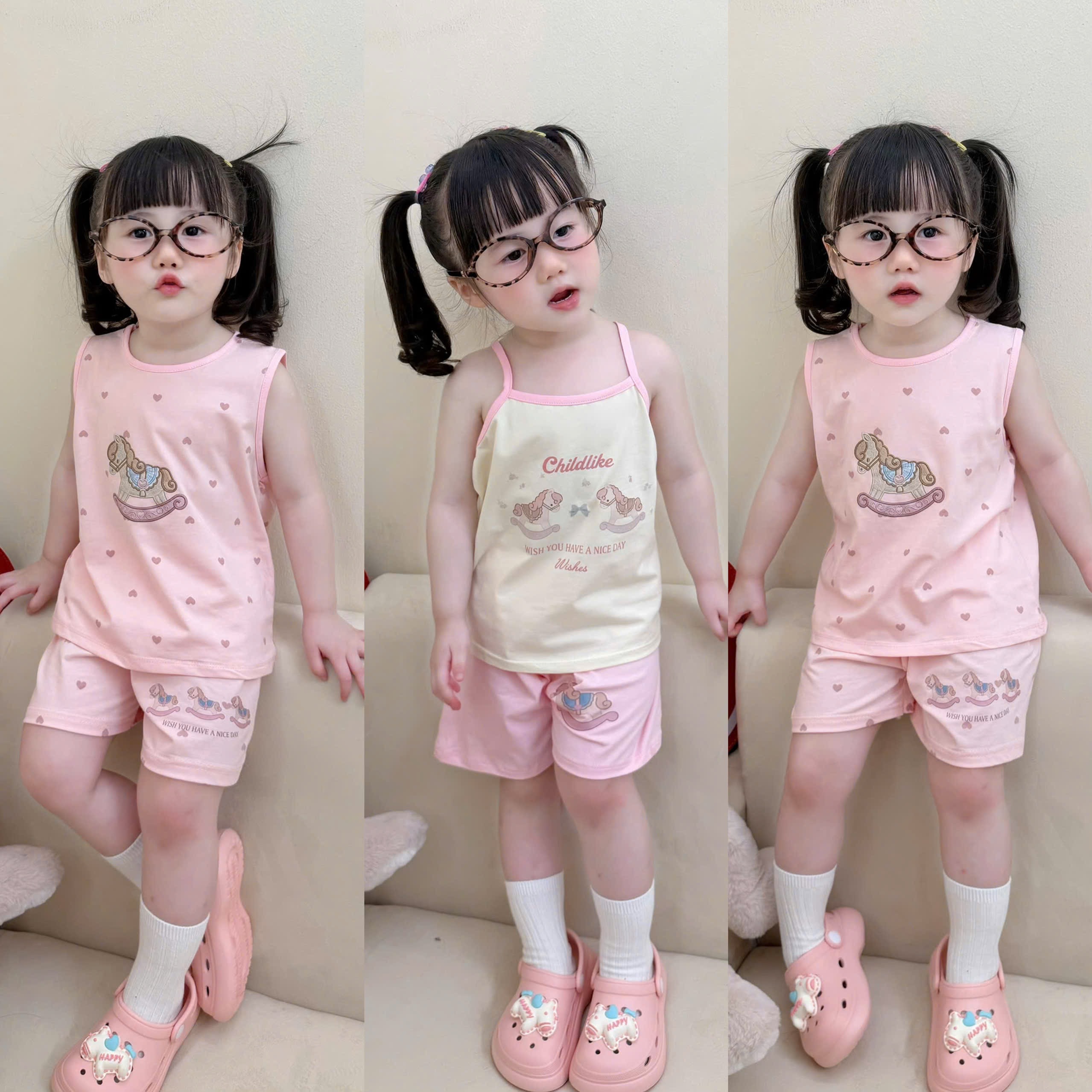 G995 - SET 2 BỘ ĐÙI BÉ GÁI BA LỖ 2S NGỰA GỖ hồng be