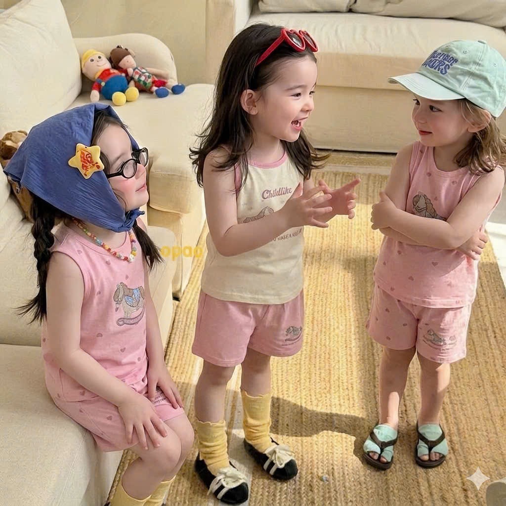 G995 - SET 2 BỘ ĐÙI BÉ GÁI BA LỖ 2S NGỰA GỖ hồng be