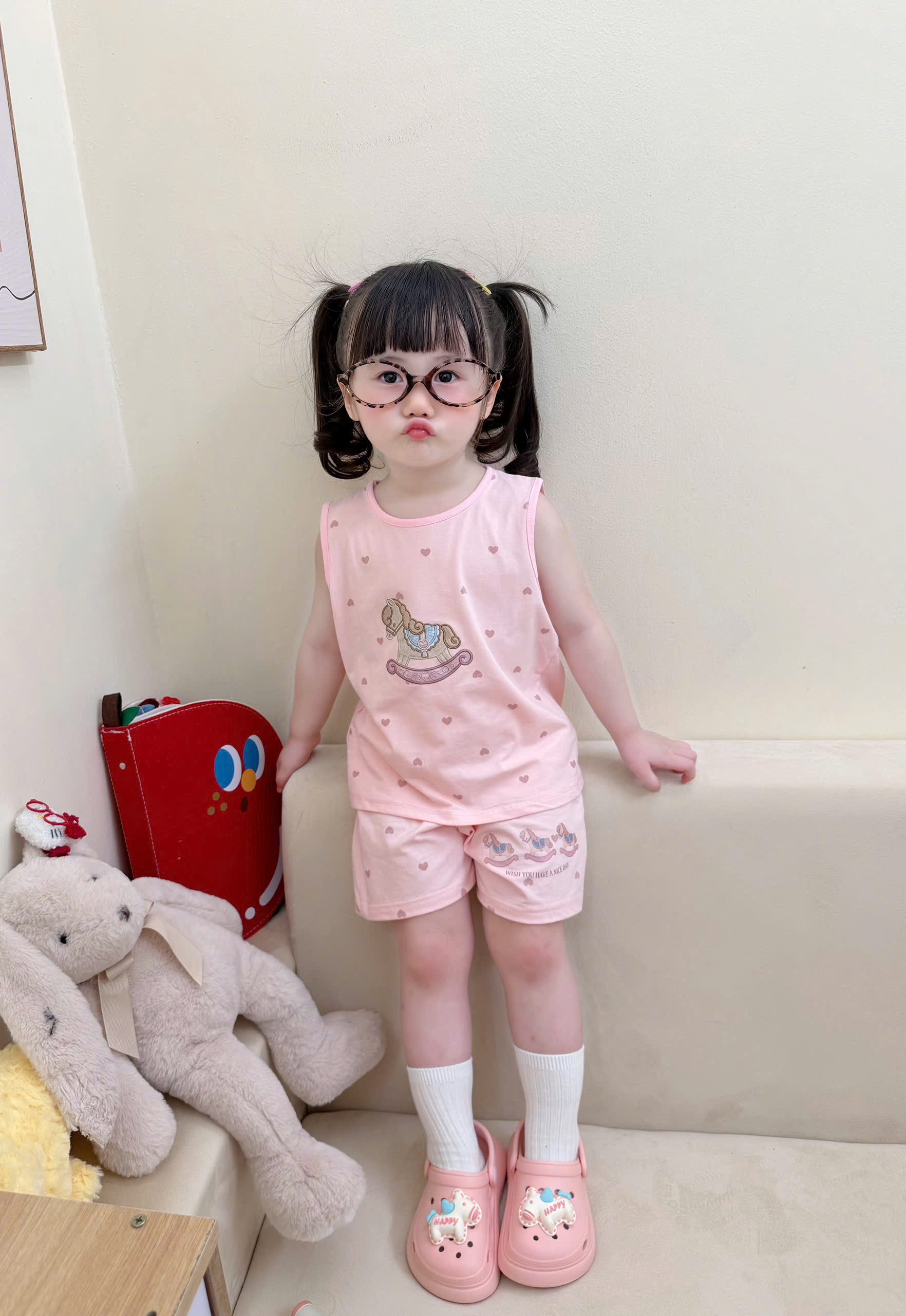 G995 - SET 2 BỘ ĐÙI BÉ GÁI BA LỖ 2S NGỰA GỖ hồng be