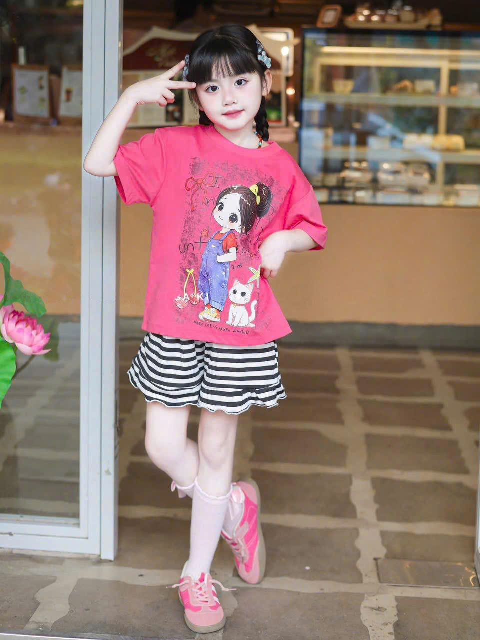 G999 - BỘ ĐÙI BÉ GÁI SIZE ĐẠI ÁO HỒNG CÔ GÁI QUẦN KẺ BÈO