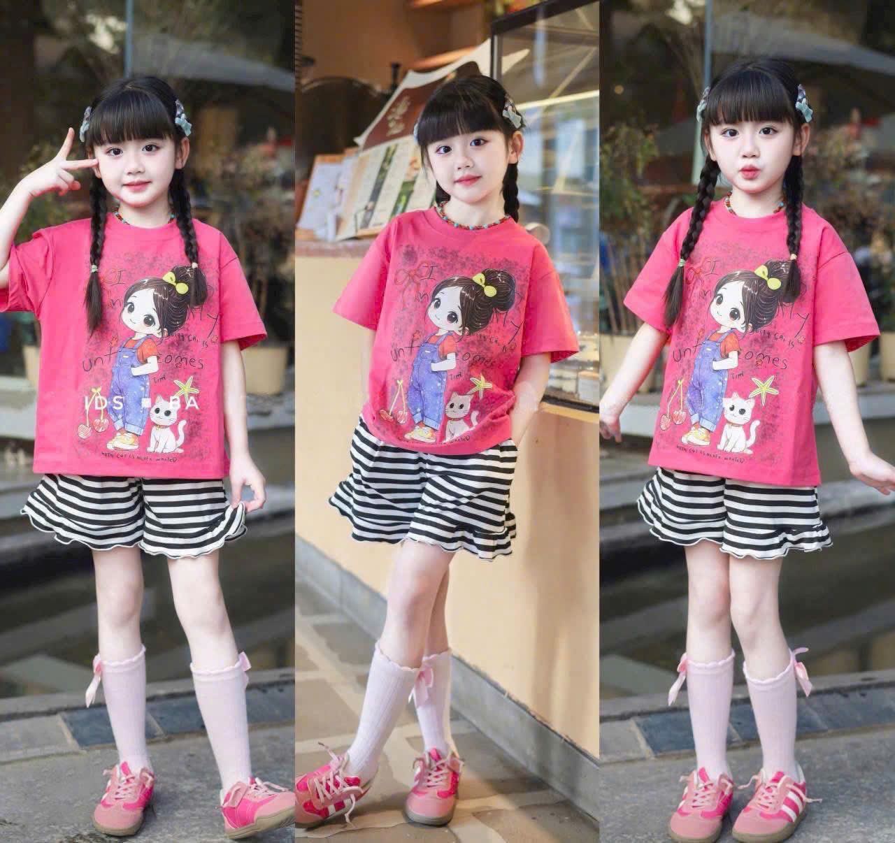 G999 - BỘ ĐÙI BÉ GÁI SIZE ĐẠI ÁO HỒNG CÔ GÁI QUẦN KẺ BÈO