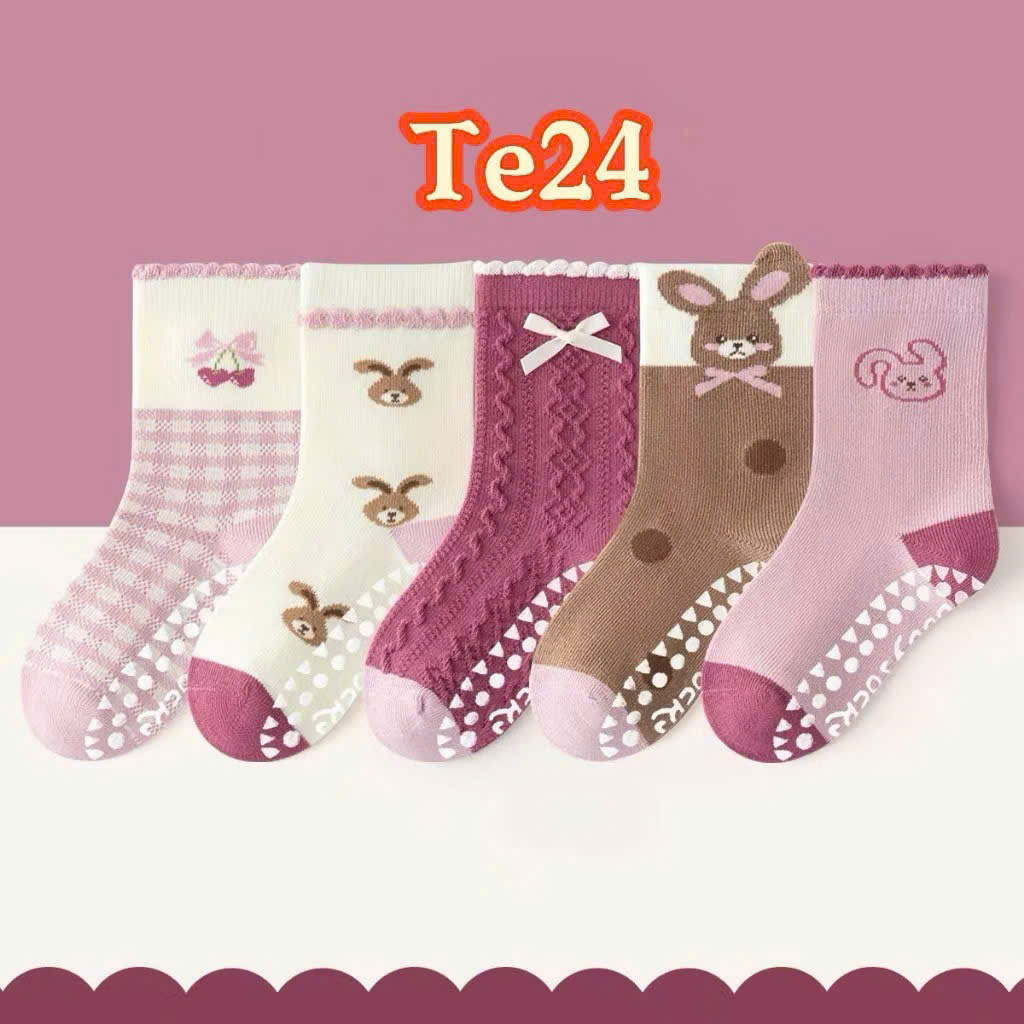 PK355 - SET 10 ĐÔI TẤT BÉ GÁI CỔ CAO NƠ THỎ nâu hồng be