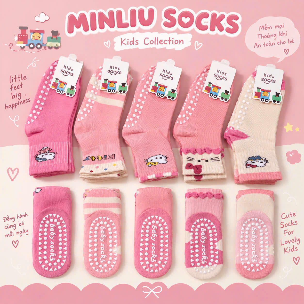 PK356 - SET 10 ĐÔI TẤT BÉ GÁI CHỐNG TRƯỢT KITTY HỒNG BE