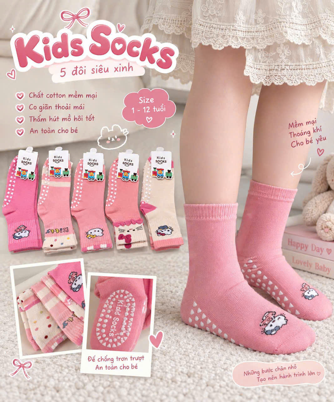 PK356 - SET 10 ĐÔI TẤT BÉ GÁI CHỐNG TRƯỢT KITTY HỒNG BE