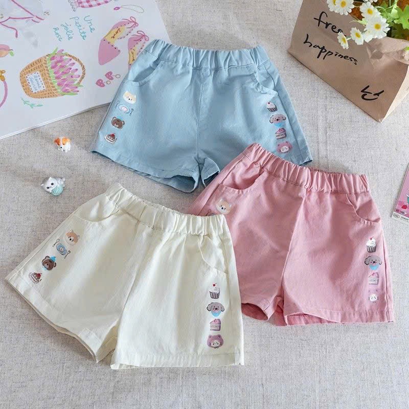 QB384 - SET 3 QUẦN GIÓ BÉ GÁI IN HÌNH xanh hồng kem