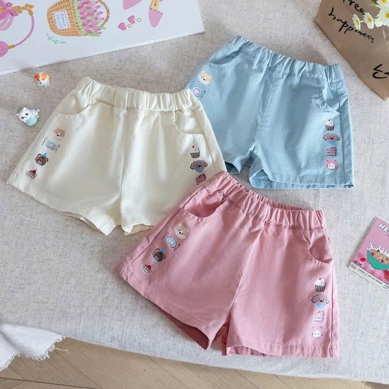 QB384 - SET 3 QUẦN GIÓ BÉ GÁI IN HÌNH xanh hồng kem