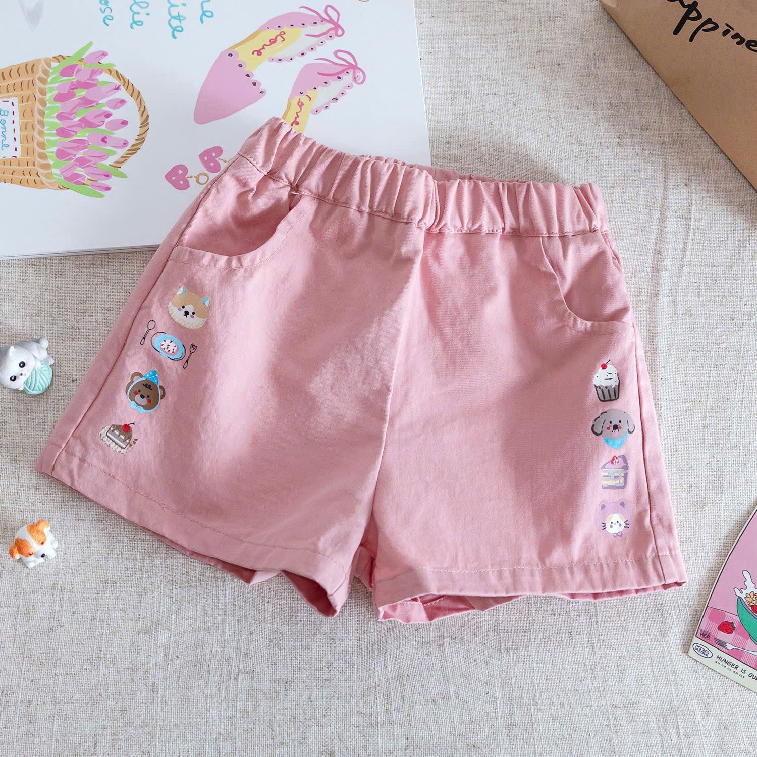 QB384 - SET 3 QUẦN GIÓ BÉ GÁI IN HÌNH xanh hồng kem
