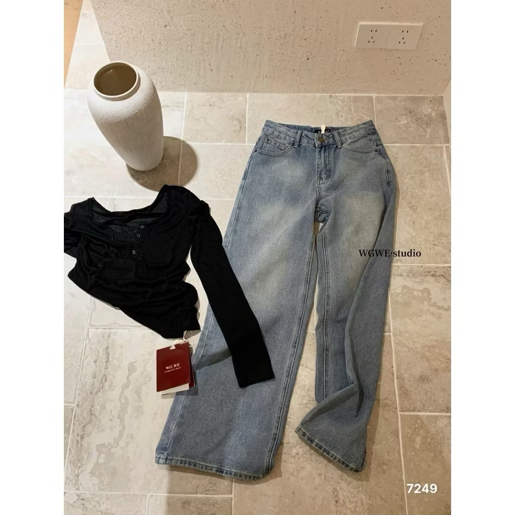 QNU681 - QUẦN JEANS SUÔNG XANH BẠC MÀI GỐI WgWe